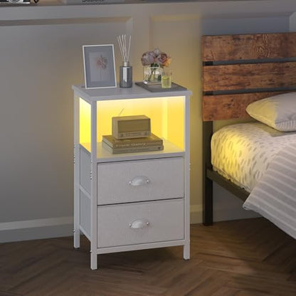 sthmec Nightstand with Charging Station, LED Night Stand Set 2, Bedside Table End Tables Set of 2, Bedroom Tables with 2 Fabric Drawers PU Finish, 3-Tier Storage Side Table for Bedroom,White - color: White