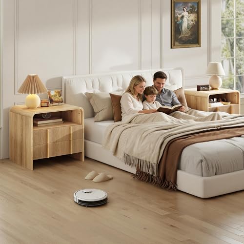 AMERLIFE Fluted Night Stand with Storage Drawers, Modern Small Nightstand & Bedside Table with Open Shelf, Curved Profile Design & Pine Handles, Wood End Table for Bedroom, Oak - color: Oak