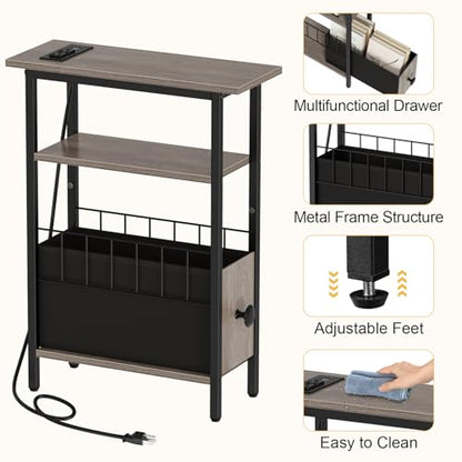 Snughome Narrow Side Table with Charging Station, Slim End Table for Small Spaces, 3 Tier Skinny Nightstand with Drawer, Sofa Beside Table with Storage Shelf for Living Room Bedroom Grey - color: Grey