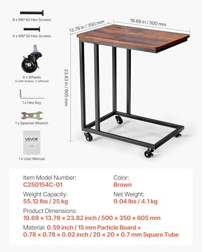 VEVOR C Table, C Shaped Sofa Side Table with Metal Frame Rolling Casters, Portable C Shaped End Stand for Living Room Bedroom Office, 19.69 x 13.78 x 23.82 inches Laptop Side Tables, Brown and Black - style: Normal