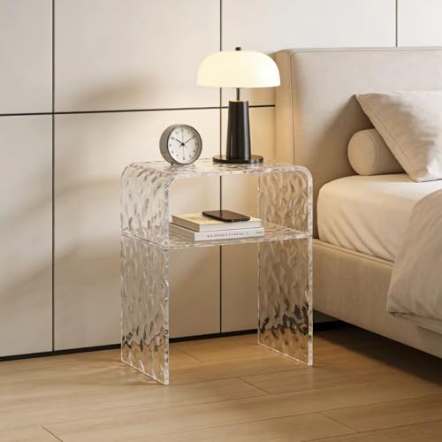 Acrylic 2-Tier End Table – 23.6”H Modern Nightstand with Shelf, Sturdy Bedside Storage for Bedroom, Living Room, Home Office, No Assembly Required (Water Ripple) - size: 18.5"L x 11.8"W x 23.6"H