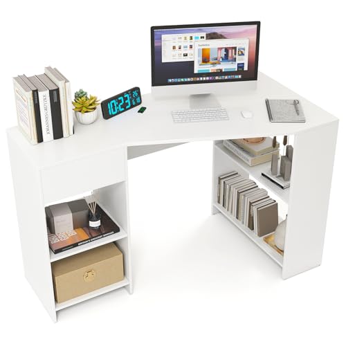 Giantex White Desk with Drawer, 48 Inch Corner Desk with Storage Shelves, Laptop PC Table for Workstation, Vanity Table for Bedroom, Modern Wood Executive Study Writing Table for Small Space