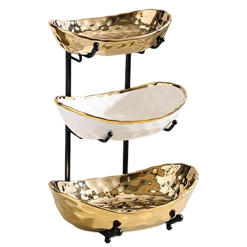 YYW 3 Tier Fruit Bowl for Kitchen Counter, White Gold Silver Ceramic Fruit Stand for Countertop, Home Fruit Rack with Metal Holder, Vegetable Snacks Nuts Bread Candy Storage (Gold (Black Holder）) - color: Gold (Black Holder）