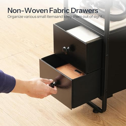HOOBRO Narrow End Table with Charging Station & LED Lights, Slim Nightstand with 2 Fabric Drawers and Open Shelves, Narrow Side Table for Living Room, Bedroom, Black BB430UDBZ01 - color: Black