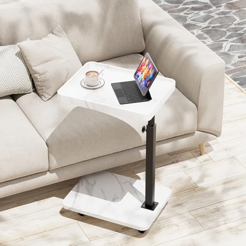 Adjustable Tv Trays for Eating on Couch That Slide Under,360° Swivel C Shaped End Sofa Side Snack Table with Wheels for Living Room and Bedroom, Bed,Chair, (White Marble+Black) - color: White Marble+black