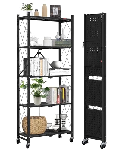 DEANIC 5-Shelf Folding Bookcase with Wheels, Rolling Bookshelf Heavy Duty Storage Shelves, Freestanding Metal Wire Shelving Unit for Living Room, Office, Kitchen, Basement, Pantry (Black) - color: Black, size: Compact 5 tier