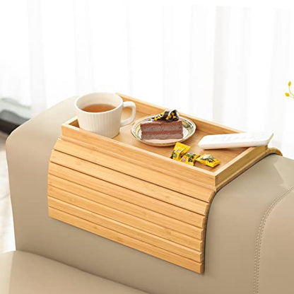 GEHE Bamboo Sofa Arm Tray, Foldable Couch Arm Tray Side Table, Anti-Falling Armrest Tables Cup Holder for Snacks, Drinks, Beers, Phone, Control, Flexible and Portable, Anti-Slip - color: Bamboo