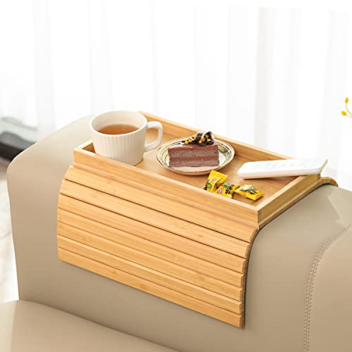 GEHE Bamboo Sofa Arm Tray, Foldable Couch Arm Tray Side Table, Anti-Falling Armrest Tables Cup Holder for Snacks, Drinks, Beers, Phone, Control, Flexible and Portable, Anti-Slip - color: Bamboo