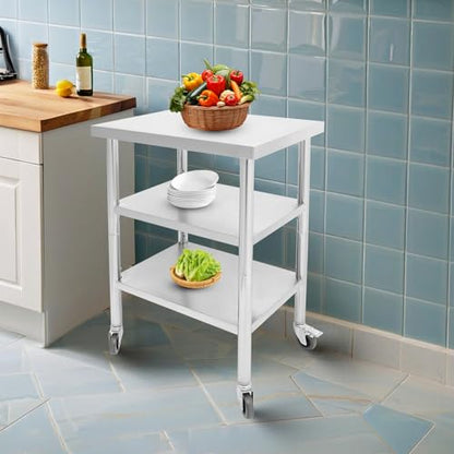 18"x24"x35" 3-Tier Industrial Work Table, Heavy Duty Stainless Steel Workstation with Adjustable Shelves, 350 lbs Top Load, 4 Swivel Casters and Leveling Feet for Restaurant or Home Use - size: 18 X 24 X 35 Inches