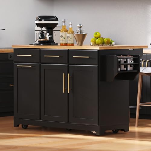 60" Kitchen Island with Trash Can Storage Cabinet and Power Outlet | Rolling Kitchen Cart on Wheels with Rubber Wood Drop Leaf Top, Spice Rack, Towel Rack and Adjustable Shelf, Black - color: Black