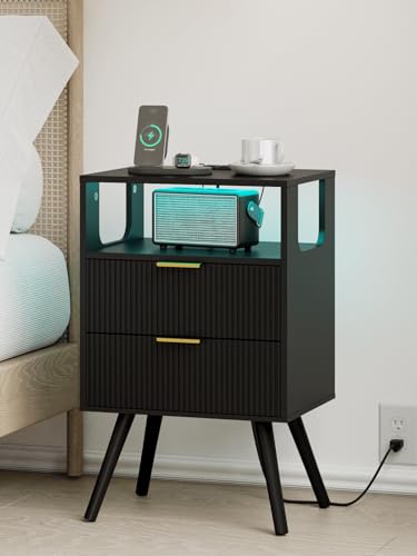 Leomonio Nightstand with Charging Station and LED Lights, Modern Bedside Table with 2 Storage Drawer and Open Wood Shelf for Bedroom and Small Spaces, Night Stand with Solid Wood Legs - color: Black-outlet