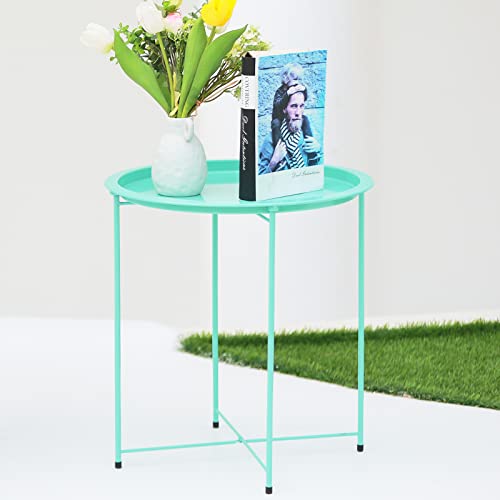 Garden 4 you End Table Metal Side Table Green Round Folding Tray Cyan Sofa Small Accent Fold-able Table, Round End Table Tray, Next to Sofa Table, Snack Table for Living Room and Bed Room - color: Green