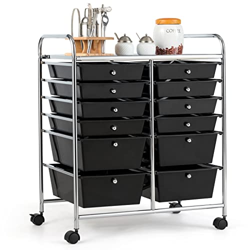 COSTWAY 12-Drawer Rolling Storage Cart, Moveable Art Craft Organizer | Lockable Wheels, Metal Shelf, Files Arrangement Tools Makeup Storage Cart for Office, Home, School (Black) - color: Black, size: 12 Drawer