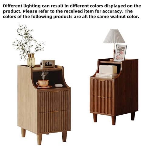 Narrow Nightstand Set of 2,11.8" Fluted Bedside Table Set of 2, Slim Side End Table with 2 Drawers, Wooden Bedside Table, Mid Century Modern Night Stand for Bedroom Livingroom Sofa Office - color: Walnut,11.8" With 2 Drawers