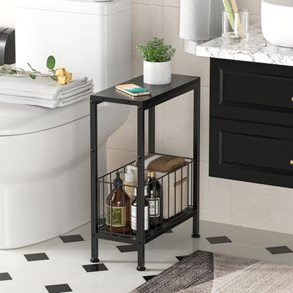 Narrow Side Table, Skinny End Tables with Magazine Holder, Small Sofa Table for Small Spaces, Space-Saving Design, Slim Nightstand Bedside Table for Living Room, Bedroom, Office, Black - color: Black