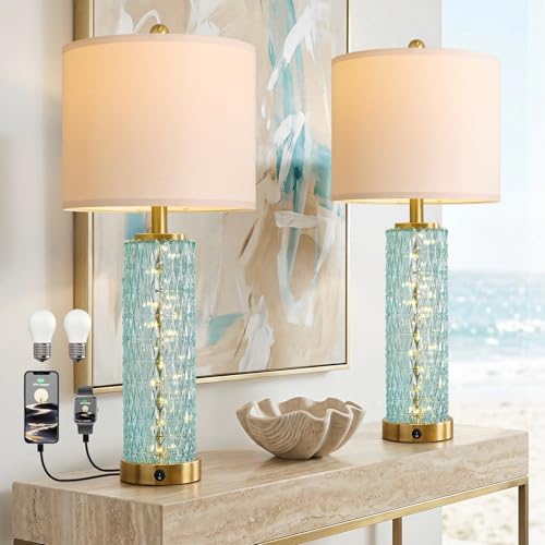 Oneach 27.75" Coastal Table Lamps Set of 2, Clear Blue Bedside Lamp with Glass Nightlight, USB A+C, Unique Desk Lamps for Living Room, Bedroom, Nightstand, End Table (2 Bulbs Included) - color: Clear Blue - White Shade