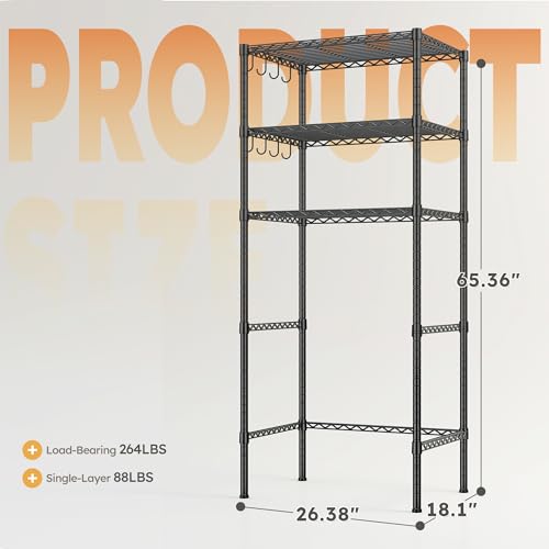REIBII 3-Tier Mini Fridge Shelf with Storage, 264LBS Metal Shelving with 8 Hooks, Adjustable Height Organizer for Dorm, Kitchen, Apartment & Office, Microwave Rack, 26.38" Wx18.1 Dx65.36 H, Black - size: 26.38Wx18.1Dx65.36H
