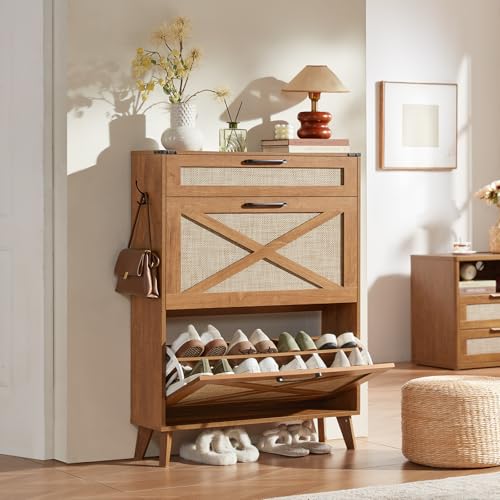 LEYAOYAO Shoe Cabinet Storage for Entryway with 2 Flip Drawers | Rack Narrow Organizer Slim Hidden Wood Shoe Cabinet Furniture - color: Tea Brown