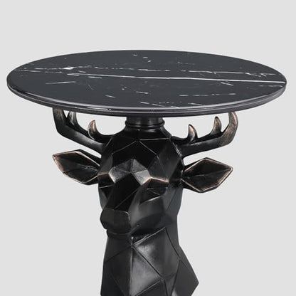 Modern Deer Head Sculpture Side Table, Round Metal End Table with Geometric Animal Base, Industrial Accent Table for Living Room, Bedroom, Office, Dark Bronze Finish - color: Deer - Black Geometric