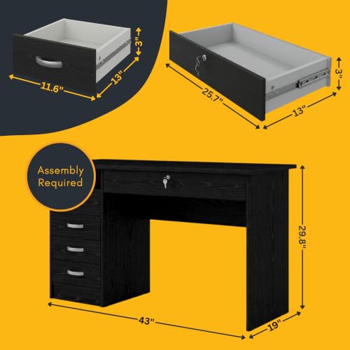 Furnifact Black Home Office Desk with 5 Drawers and Open Shelf, Lockable Storage Computer Desk and Study Table Ideal for Work from Home Setup