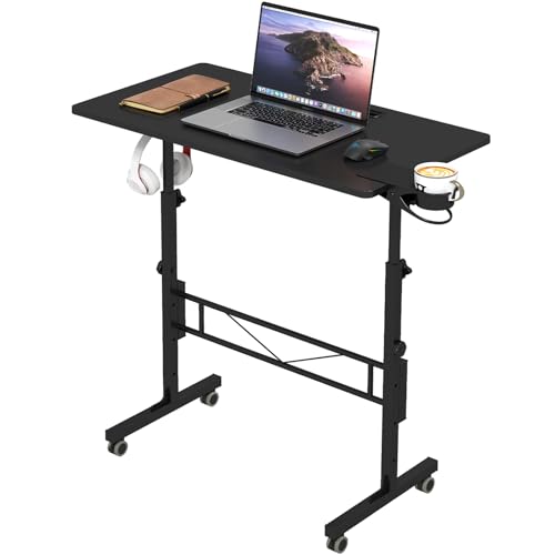 Hadulcet Small Standing Desk Adjustable Height, Mobile Stand Up Desk with Wheels, Portable Walking Pad Table Stand, Rolling Laptop Cart for Standing or Sitting, Black - color: Black