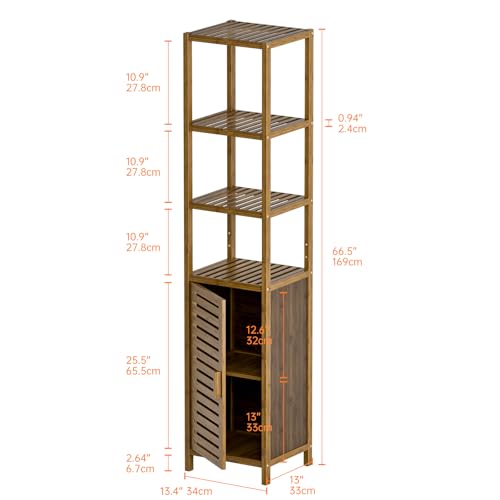 HITNET Bathroom Cabinet, Bamboo Floor Cabinet Freestanding Narrow Storage Unit with Removable Shelves, 6 Tier Tall Cabinet, Walnut - color: Walnut