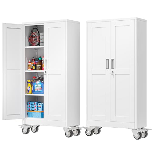 PAOFIN 61''H Metal Garage Storage Cabinet with Wheels,Steel File Cabinets with 2 Doors and 3 Adjustable Shelves for Home Office, Warehouse, Required Assembly,White - color: White, size: 61"