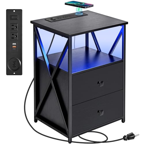 Livofloral LED Night Stands with Wireless Charger, Black End Tables with Storage, Side Tables with Charging Station, Bedside Table with Wooden Storage Drawers and Shelves for Bedroom, Living Room - color: Black, size: 1 Pack with Wireless Charging