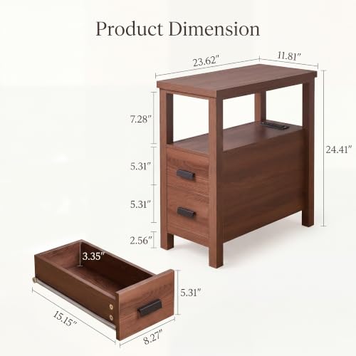 Narrow Nightstand with Charging Station, 24.4" H Slim Side Table with 2 Drawers, Bedside Table for Small Spaces, Modern End Table with Low Profile Legs (Walnut) - color: Walnut