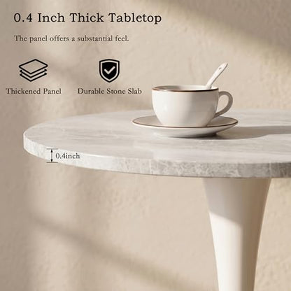 27.6" Marble Round Tulip Table, Mid-Century Modern Style Dining Table with White Pedestal Base for 2-4 People, Featuring A Marble Tabletop for Kitchen, Dining Room, Cafe (Grayish White) - color: Grayish White#white