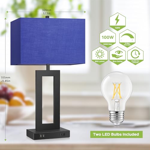 Set of 2 Touch Control Table Lamps with 2 USB Ports&AC Outlet, 3-Way Dimmable Modern Nightstand Lamp Sets, Bedside Desk Lamps for Bedroom Living Room End Tables Reading, Bulbs Included, Blue Shade | 3 Way Dimmable, Blue Fabric Shade, E26 Base, Desk Lamp f