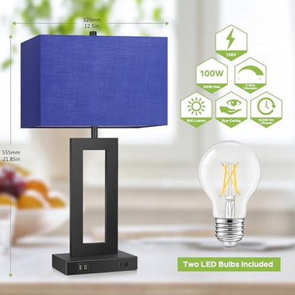 Set of 2 Touch Control Table Lamps with 2 USB Ports&AC Outlet, 3-Way Dimmable Modern Nightstand Lamp Sets, Bedside Desk Lamps for Bedroom Living Room End Tables Reading, Bulbs Included, Blue Shade | 3 Way Dimmable, Blue Fabric Shade, E26 Base, Desk Lamp f