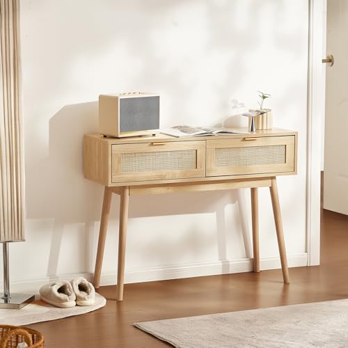 VEVOR Rattan Console Table with 2 Storage Drawers, Rattan Entryway Table with Natural Rattan Sliding Door, Console Sofa Table for Living Room, Study, Entryway Or TV Wall, Natural - size: 2 Drawers