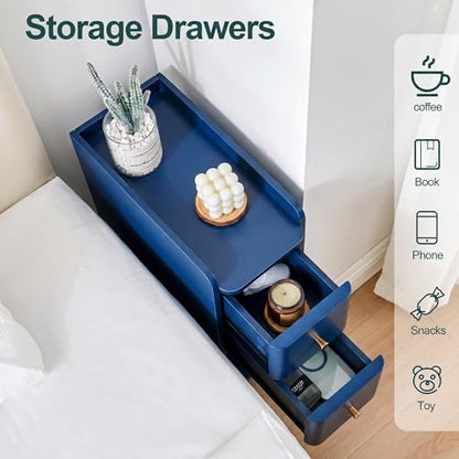Blue Narrow Nightstand, Wooden Small 2 Drawer Nightstand, Slim Side End Table, Skinny Bedside Table, Mid Century Modern Night Stand with Drawers, for Living Room (Blue-1 pc) - color: Blue-1 Pc