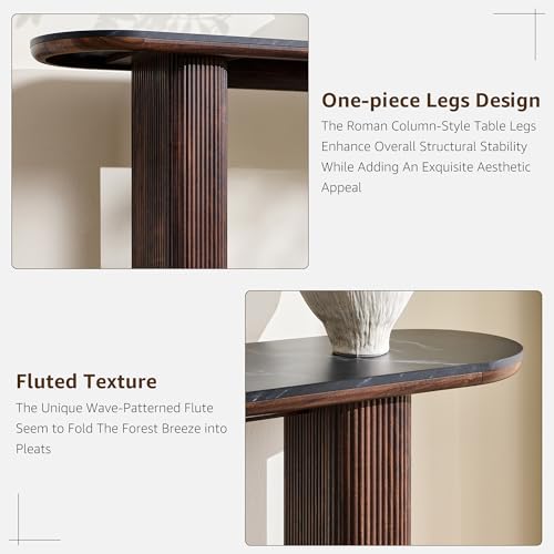 OKD 63" Modern Fluted Console Table, Narrow Entryway Table, Dark Walnut | Modern Fluted Wood Base, Curved Faux Marble-Texture Top, Entryway, Hallway, Foyer, Behind Sofa - color: Dark Walnut