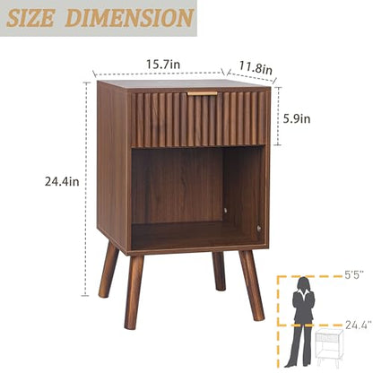 Fultyle Walnut Nightstand, Modern Night Stand with Fluted Drawer and Open Storage, Wooden Bedside Table with Solid Wood Legs for Bedroom, Living Room, Office (Walnut Brown) - color: Walnut Brown
