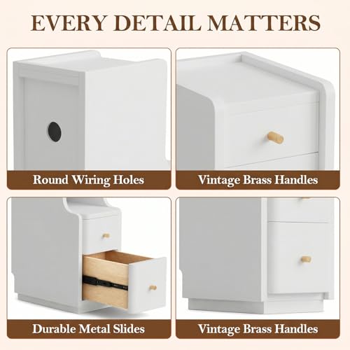 Narrow Nightstand with 4 Drawers, 7.9" Solid Wood Narrow Bedside Table White with Open Shelf & Cable Hole, Modern Night Stand Slim Bedside Table for Bedroom(Fully Assembly) - color: White