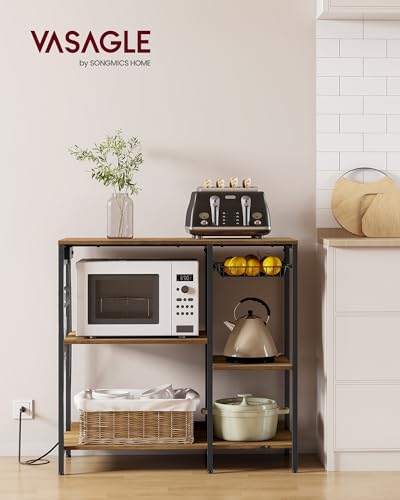 VASAGLE Baker's Rack, Coffee Bar Stand with Charging Station, 35.6 Inches Tall, Storage Shelves, Pull-Out Wire Basket, Table for Microwave, Kitchen, Honey Brown and Ink Black UKKS036K41 - color: Honey Brown + Ink Black, style: With Power Outlet