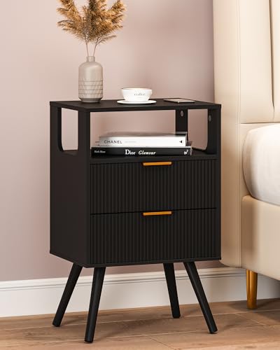 Leomonio Black Nightstand,Modern Bedside Table with 2 Storage Drawer and Open Wood Shelf, for Bedroom and Small Spaces,Night Stand with Solid Wood Legs - color: Black