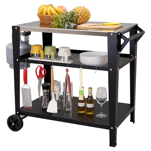 LEETOLLA Stainless Steel Outdoor Grill Cart with Wheels, Heavy-Duty 3-Tier BBQ Prep Table for Pizza Oven, Griddle, Patio – Rustproof Commercial Kitchen Cart with Tool Hooks - color: 304 Stainless Steel