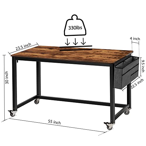 AHB 55" Rolling Computer Desk with 4 Smooth Wheels, Simple Style Mobile Writing Desk Home Office Study Table Movable Workstation with Metal Frame - color: Brown, size: 55"