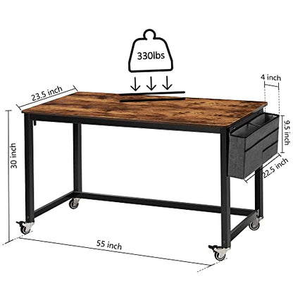 AHB 55" Rolling Computer Desk with 4 Smooth Wheels, Simple Style Mobile Writing Desk Home Office Study Table Movable Workstation with Metal Frame - color: Brown, size: 55"