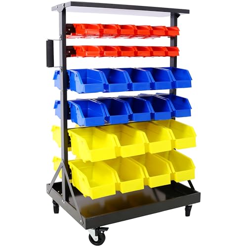 6-Tier Dual-Sided Rolling Bin Rack, Heavy Duty Steel Organizer Shelf with Locking Casters & 60 Bins, 350 lbs Capacity for Garage, Workshop & Hardware Tools (6-Tiers) - size: 6-Tiers