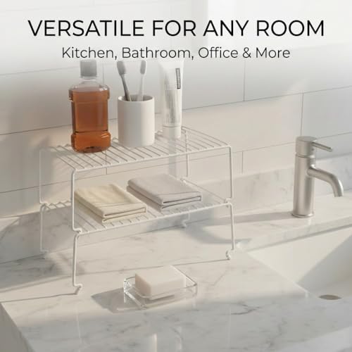 4-Pack Kitchen Cabinet Shelf Riser - Stackable Cupboard Organizer & Wire Rack for Pantry, Spice Organization, Desk & Bathroom, Rustproof Metal Closet Shelves, White (15.7" L x 8.5" W) - size: Large Stackable, style: 4-PACK