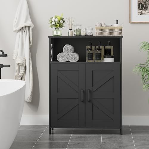 Homhedy Farmhouse Bathroom Storage Cabinet with 2 Doors, Toilet Paper Cabinet with Adjustable Shelf, Small Bathroom Cabinet for Kitchen/Laundry/Living Room, 11.8 x 23.6 x 31.5 Inches, Black - color: Black