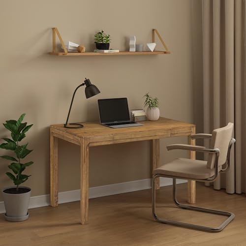 NTC Flow Modern Wooden Rectangle Desk Table with Hidden Drawer – Waterproof & Heat Resistant - Teak Look - color: Teak Look, size: 47 Inch, style: Desk