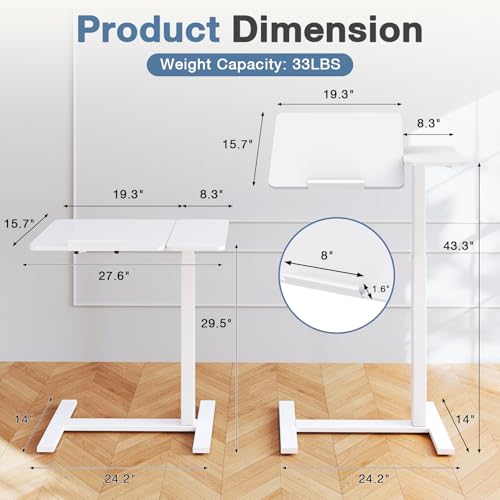 DUMOS Small Standing Desk Rolling Table Adjustable Height, Laptop Mobile Stand with Wheels, Portable Computer Workstation with Tiltable Desktop for Teacher Classroom Home Office, White - color: White