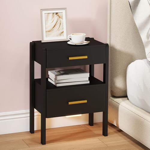 Nightstand with 2 Drawers and Open Shelf Wooden Bedside Table Gold Handles Modern Storage Night Stand Sensor Light for Bedroom, Black - color: Black