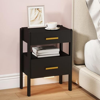 Nightstand with 2 Drawers and Open Shelf Wooden Bedside Table Gold Handles Modern Storage Night Stand Sensor Light for Bedroom, Black - color: Black