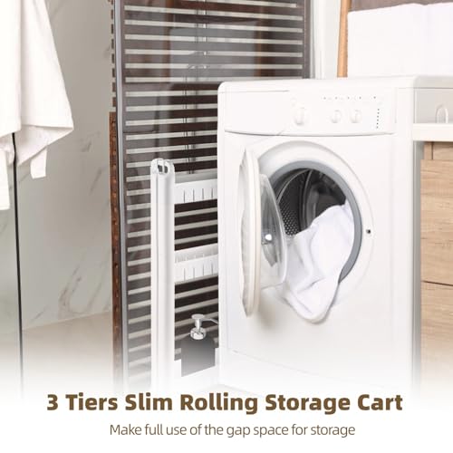 3 Tiers Slim Rolling Storage Cart, 3.5 Inches Slim Slide Out Bathroom Organizer Cart, Tiered Storage Rack with Wheels, Narrow Mobile Utility Cart for Laundry Room, Kitchen, Office, Sturdy Room - size: 3 Tiers